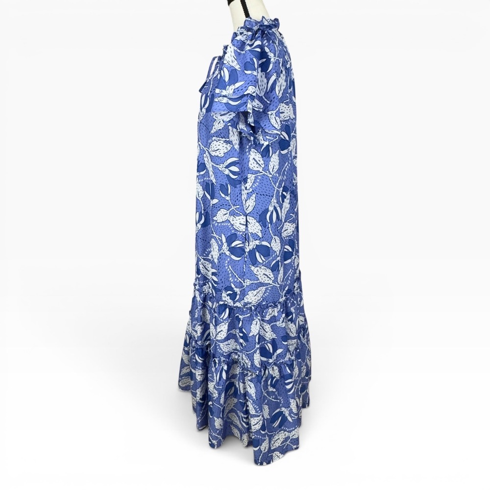 J. Marie Floral Maxi Dress Small Blue White Tiered Tie Neck Romantic Ruffles - Picture 12 of 12
